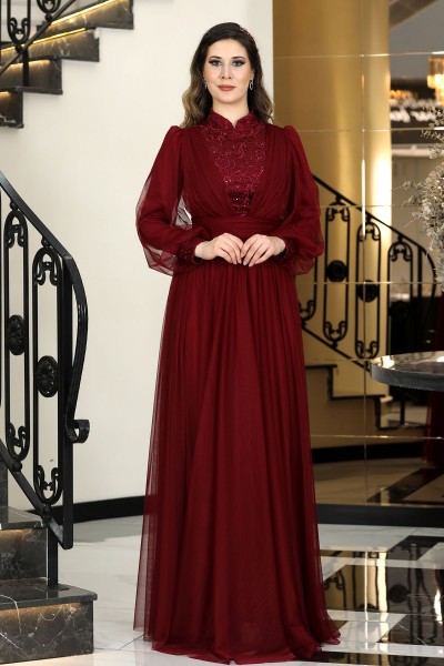 Seyran Tesettür Abiye -  Bordo - Fuval Moda
